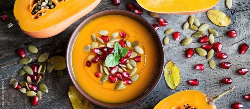 Poster flat lay with a spicy pumpkin soup topped with pumpkin seeds and pomegranate, perfect for copy space
