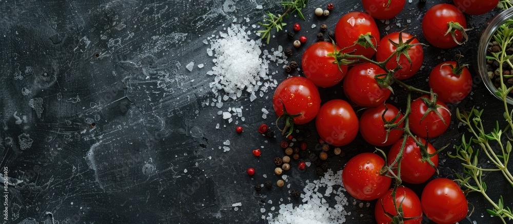 Poster cooking ingredients consisting of cherry tomatoes, salt, herbs, and spices displayed on a dark concr