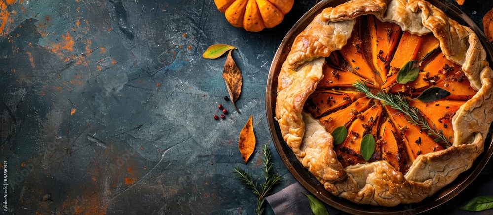 Aufkleber a pumpkin and ricotta cheese galette pie on a rustic backdrop, perfect for thanksgiving. top view wi