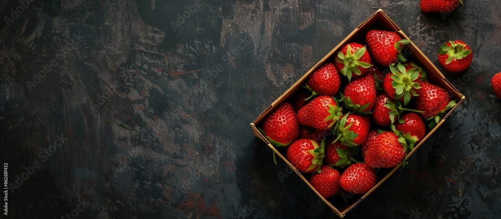Poster Top view of a box with luscious red and juicy strawberries set on a dark background, providing ample copy space image.