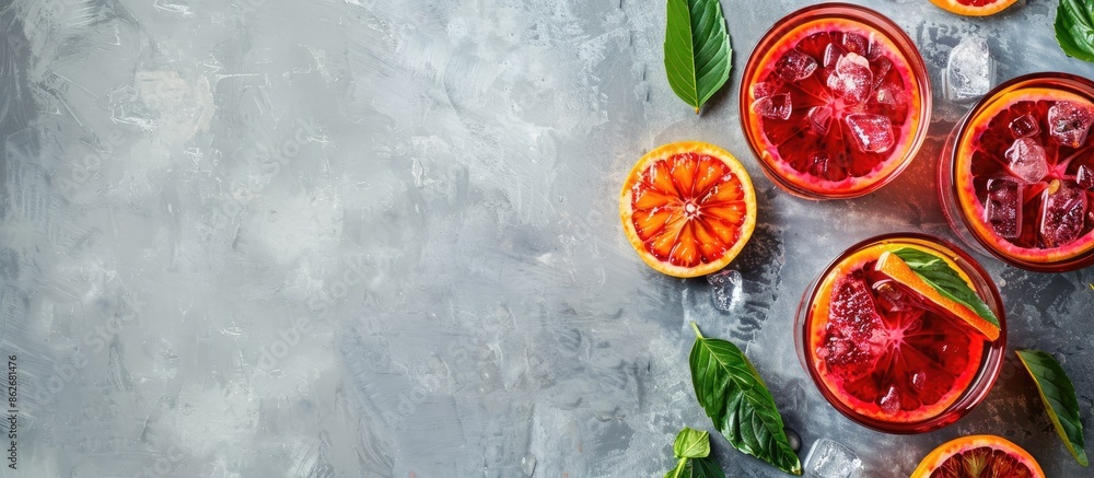 Poster An overhead flat lay image of Negroni cocktails featuring blood oranges, with space for text. Copy space image. Place for adding text and design