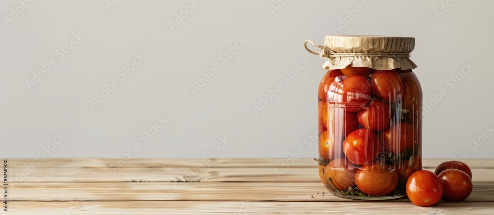 Poster wooden table with a glass jar of pickled tomatoes against a white background, providing ample space 