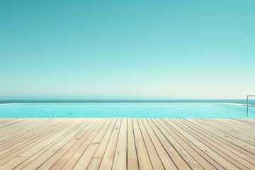 Fototapeta premium Empty wooden deck with swimming pool , Beautiful minimalist pool side view with clear blue sky.