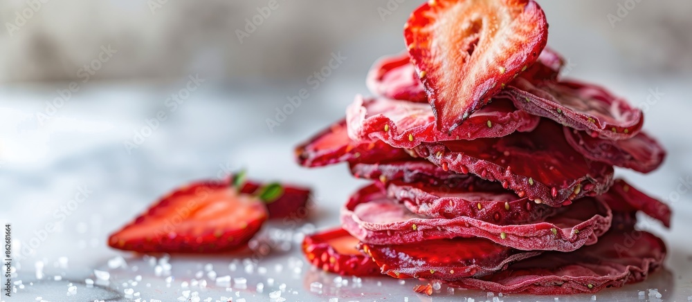 Poster Copy space image of a stack of dehydrated strawberry slices.