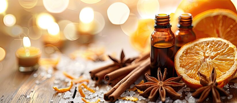 Close-up image with bright light featuring a blend of natural essential oils like orange, cinnamon sticks, and anise, perfect for holiday-inspired home spa aromatherapy, with copy space for a banner.