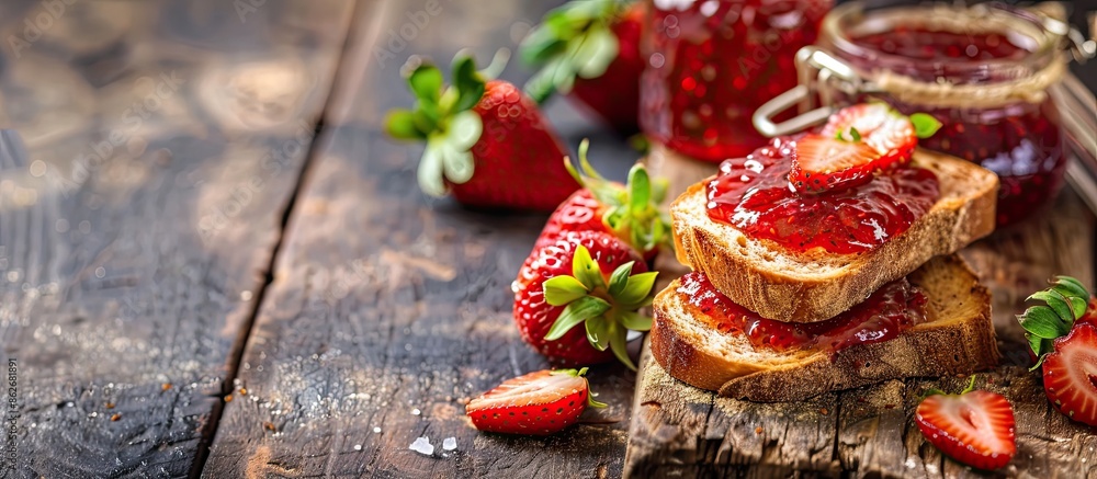 Poster bread with strawberry jam on vibrant table with copy space image.