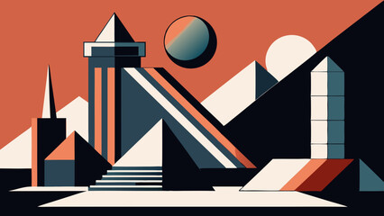 Obraz premium Modern Geometric Cityscape Art with Abstract Shapes and Retro Palette