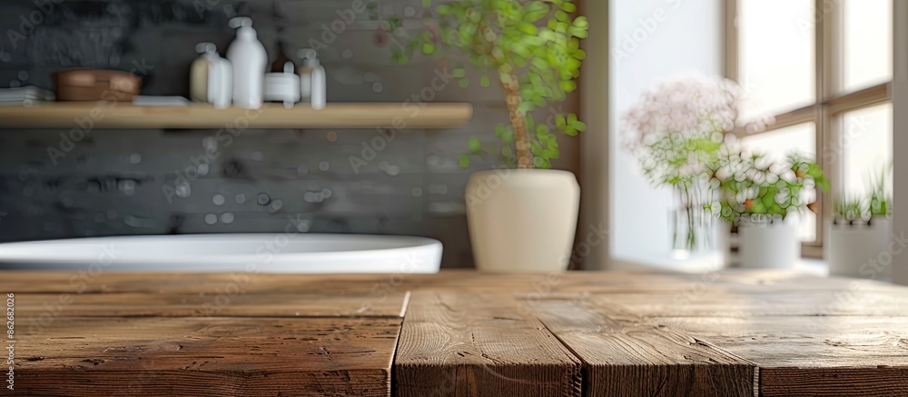 Aufkleber Table with no items placed for showcasing products with background of blurry bathroom, allowing for copy space image.