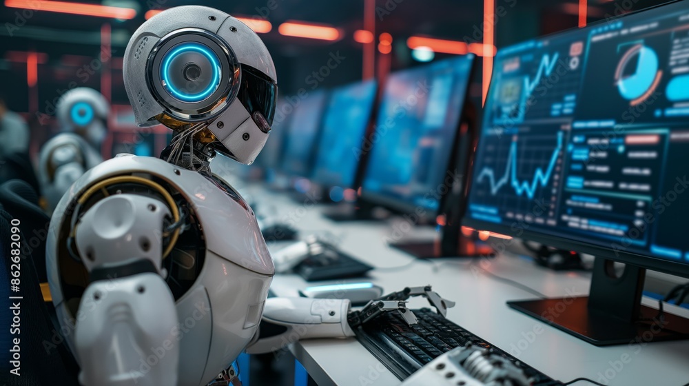 Poster robots analyzing data on multiple computer screens in a high-tech office