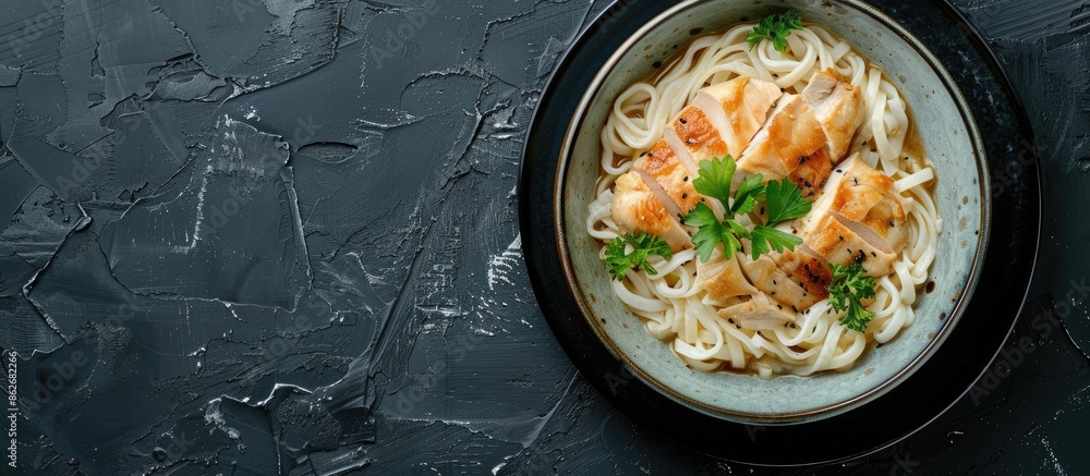 Poster top view of a bowl with udon noodles and chicken on a dark stone surface, with a copy space image.