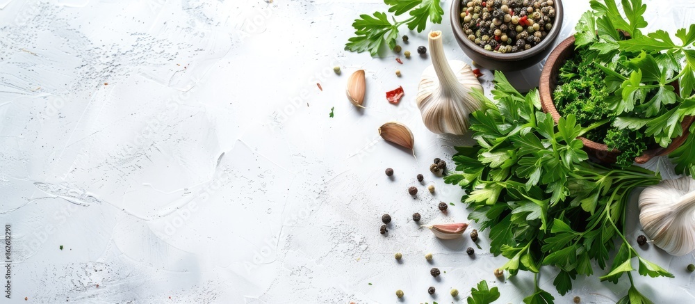 Poster fresh parsley and spices on a white background with copy space image.