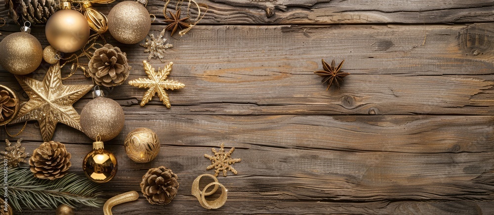 Poster christmas ornaments and toys in gold hues displayed on a rustic wooden backdrop with ample copy spac