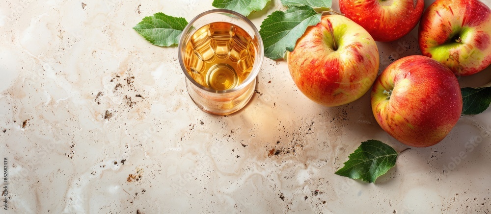 Poster Apple cider displayed in a glass on a terrazzo countertop with a blank space for additional content in the image.