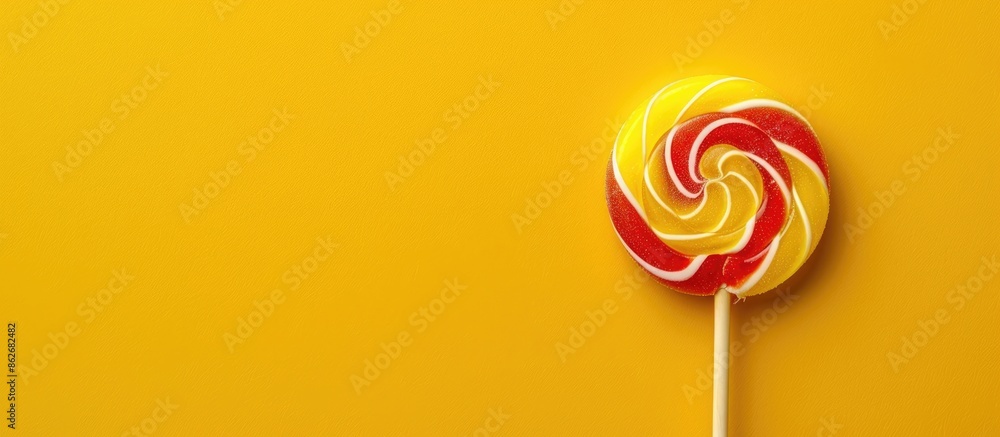 Poster damaged lollipop against yellow backdrop with copy space image.