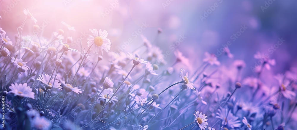 Aufkleber a copy space image with violet and light blue tones featuring chamomile and daisies on the left side