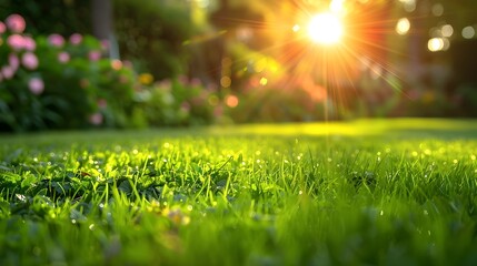 Naklejka premium Sunlit Garden Scene with Blurred Lush Greenery and Warm Illumination