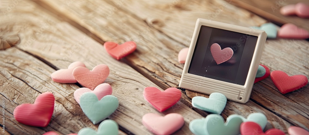 Fototapete On a wooden table, there is a charming display of a blank instant photo surrounded by heart shapes, creating a delightful copy space image.