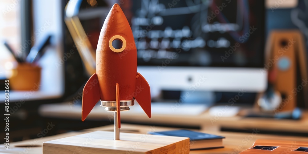 Poster a red rocket is sitting on a wooden stand in front of a computer monitor. the rocket is a model and 