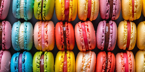 An enticing collection of colorful macarons neatly aligned in a straight row, showcasing their vibrant hues and delicious fillings, perfect for lovers of sweet delights.