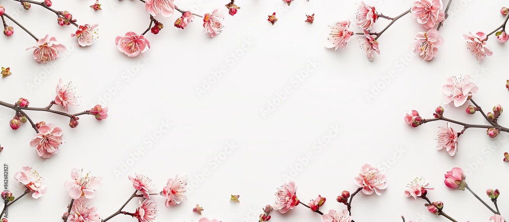 Poster top view of a frame featuring pink flower buds, branches, and leaves isolated on a white background 