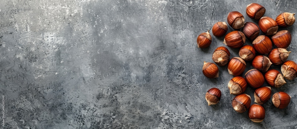 Poster on a gray rustic table lies a pile of roasted sweet chestnuts. plenty of space around for a copy spa