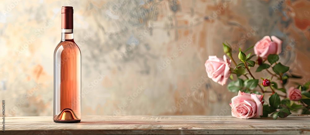 Aufkleber Rose wine bottle displayed on a table with a simple background to feature a copy space image.