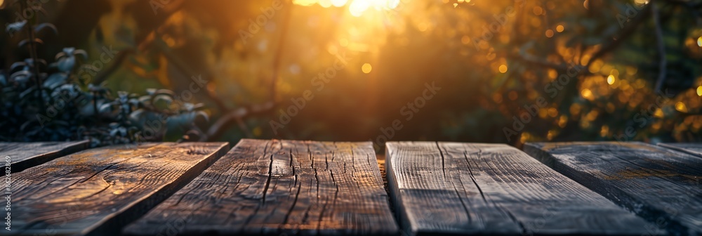 Poster a wooden table with a view of trees and a sun in the background. the sun is shining brightly, creati