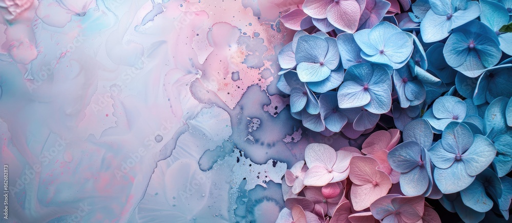 Aufkleber View from above of Hydrangea flowers in soft blue and pink hues on an artistic ink backdrop, with space for text or graphics. Copy space image. Place for adding text and design