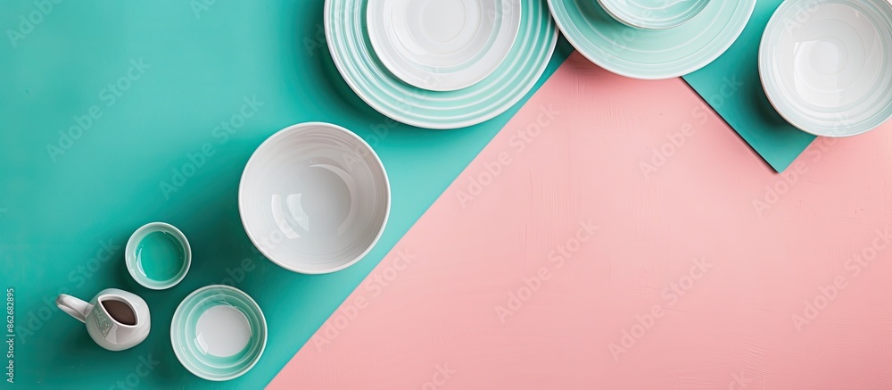 Leinwandbilder modern white and blue ceramic tableware arranged on a pink and green background in a top-down view w