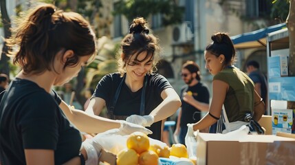 Volunteers distributing food and essentials to people in need, showing compassion and community support in an outdoor setting