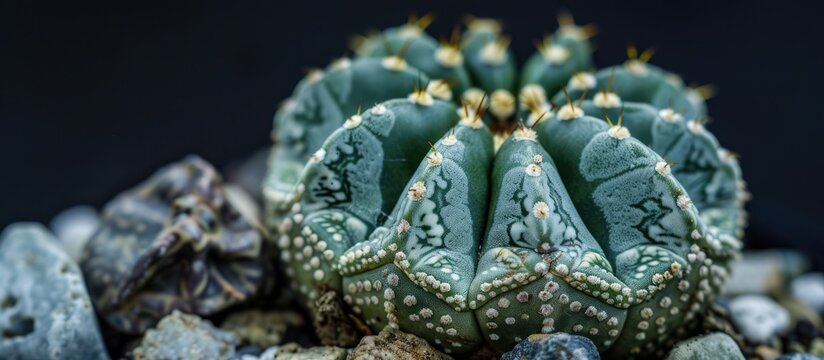Detailed closeup of Astrophytum asterias superkabuto with ample copy space image.