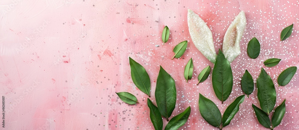 Poster easter concept with bunny ears made of green leaves on a glittery pink and white background in a fla