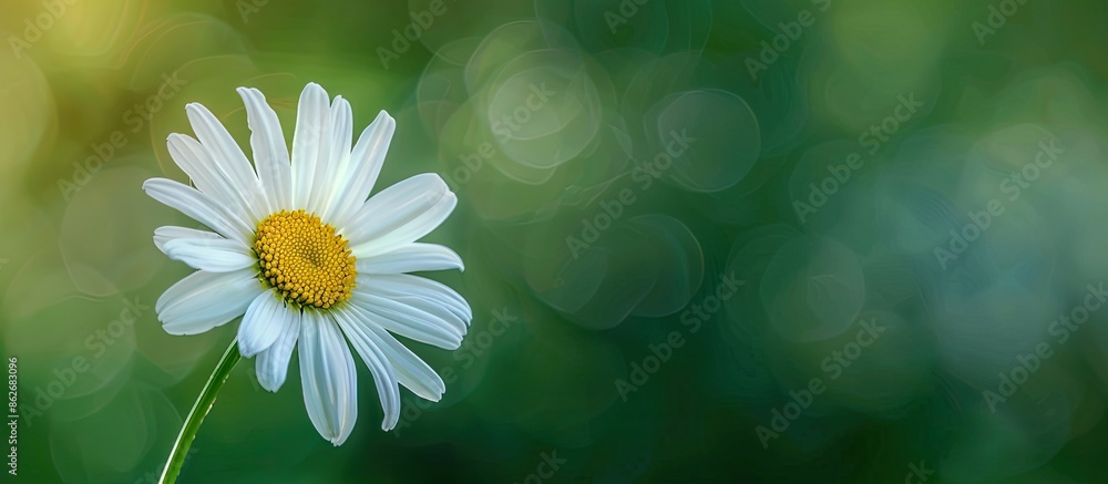 Poster Close-up of a daisy flower with a blurred green background, creating a layered effect with selective focus on the flower. Copy space image included.