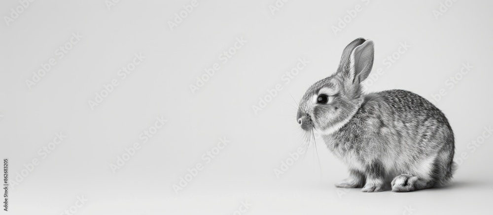 Poster black and white adorable rabbit on a white background with copy space image.