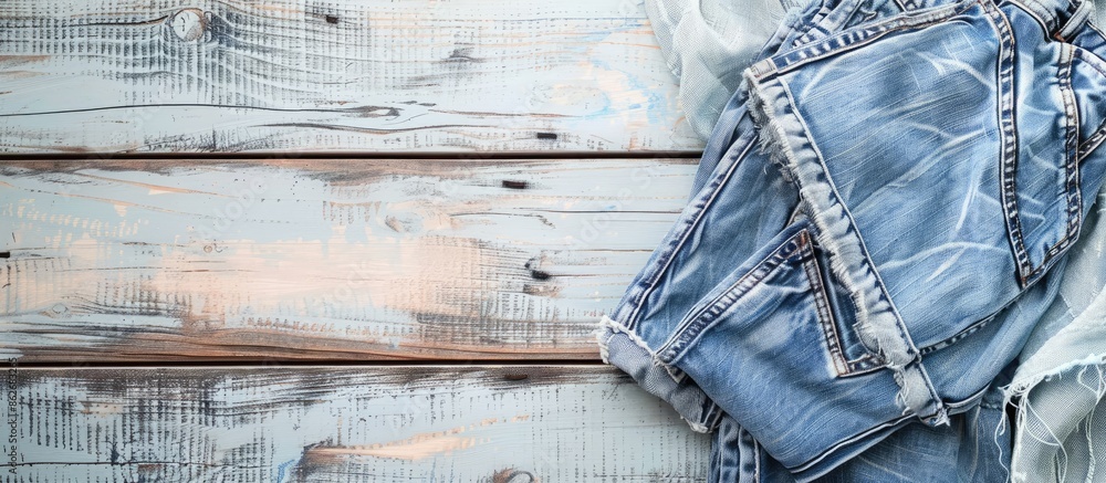 Poster denim pants displayed against a bleached wood backdrop with copy space image.