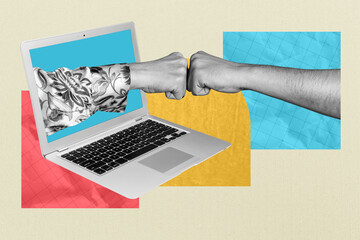 Composite photo collage of hands punch together partnership macbook device internet contact colleagues isolated on painted background