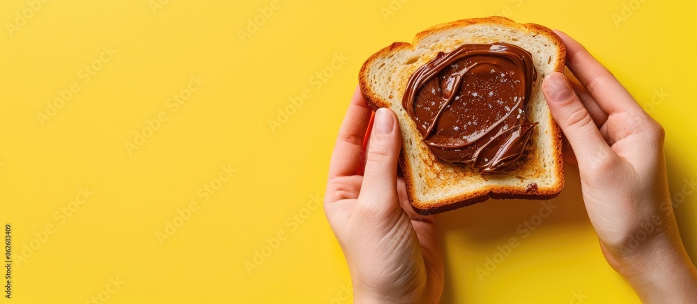 Poster white toast with chocolate hazelnut spread on a yellow background, a breakfast idea with a mockup fo
