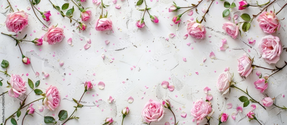 Leinwandbilder top-down view of a frame created from rose blossoms on a blank white backdrop, featuring a flat lay 
