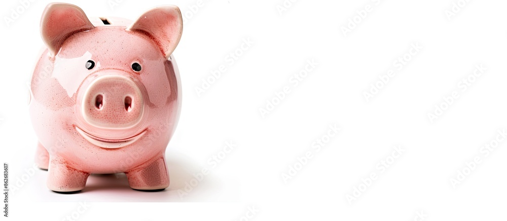 Poster A piggy bank displayed against a white background with ample copy space image.