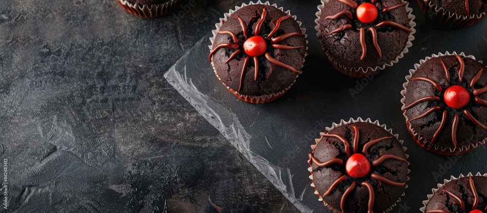 Poster spooky halloween spider muffins displayed in a top view over a dark slate background with copy space
