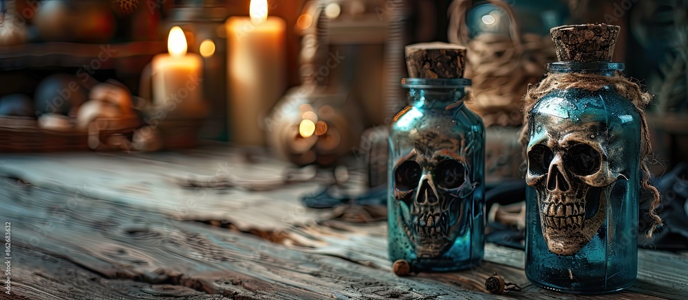 Poster a halloween-themed image showcasing witch jars on a wooden table with copy space image available.