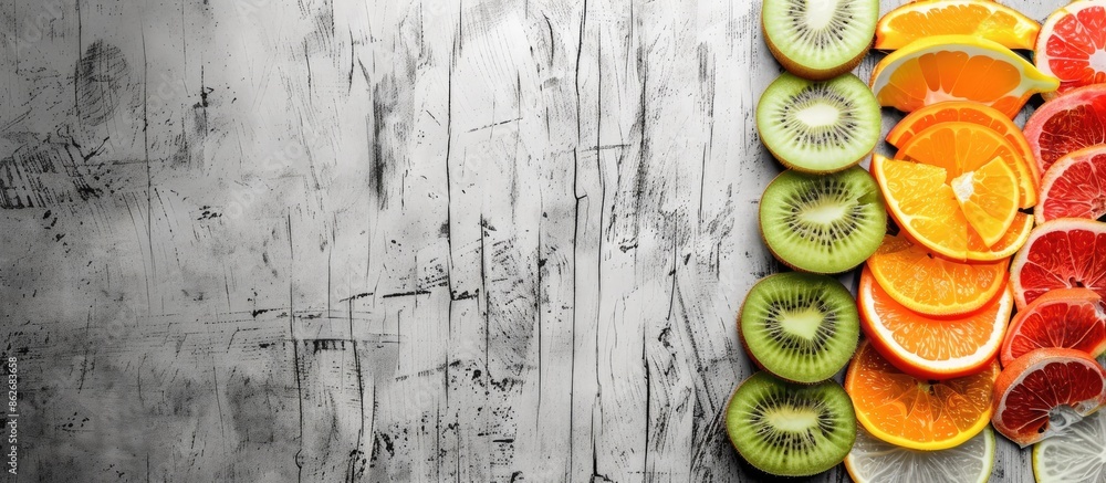 Poster variety of sliced fruits on a monochrome wooden surface with copy space image, creating a summer-the