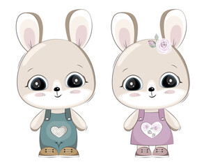 Cute bunnies. Rabbit girl and rabbit boy. Vector image of animals. Drawn cartoon characters.