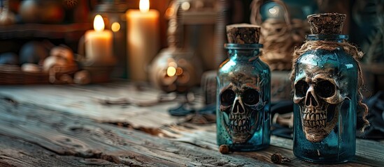 A Halloween-themed image showcasing witch jars on a wooden table with copy space image available. © HN Works