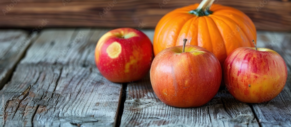 Poster wooden background with a pumpkin and red and yellow apples setup for a perfect autumn copy space ima