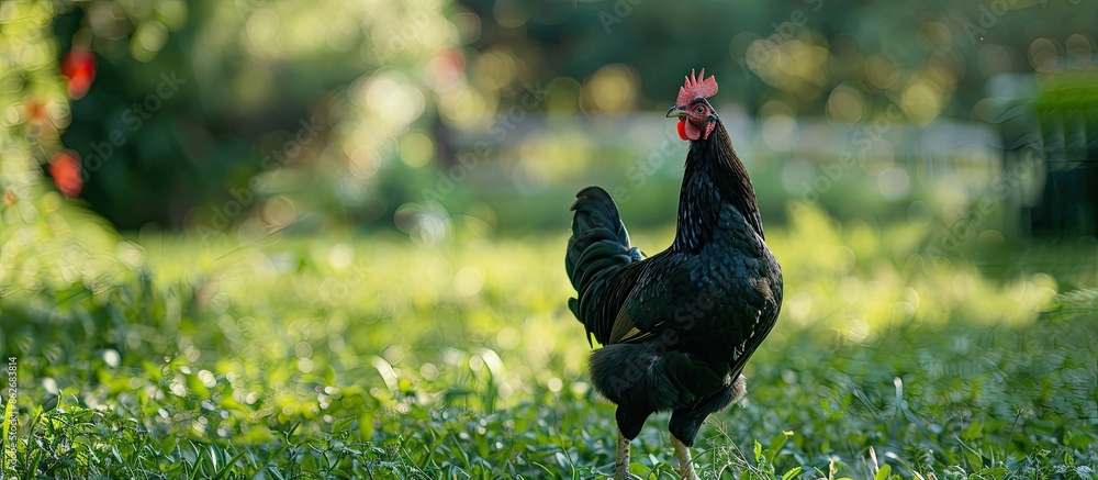 Poster A black chicken stands in a lush green field with ample room for text or other elements in the copy space image.