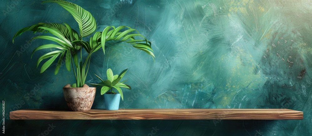 Poster tropical plant adorning a wooden shelf on a wall with a background ideal for text or other images; s