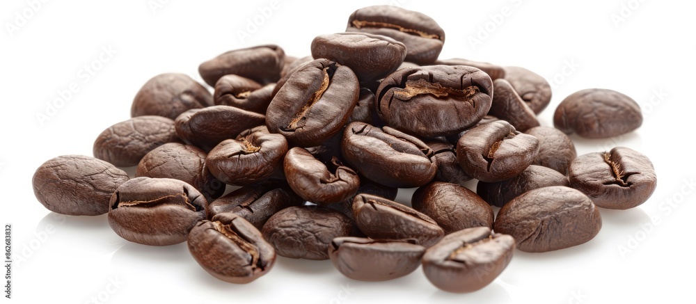 Poster close-up studio shot of coffee beans isolated on a white background, creating an intriguing copy spa