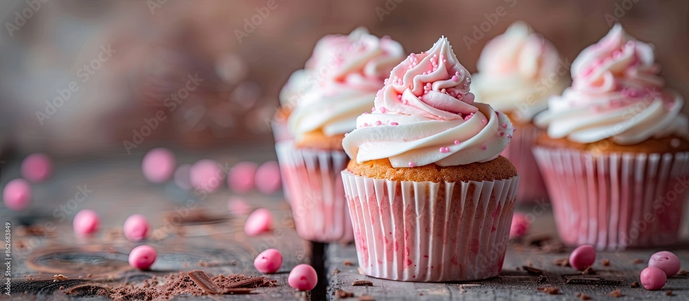 Poster cupcakes topped with pink and white frosting, perfect for a bakery advertisement with copy space ima