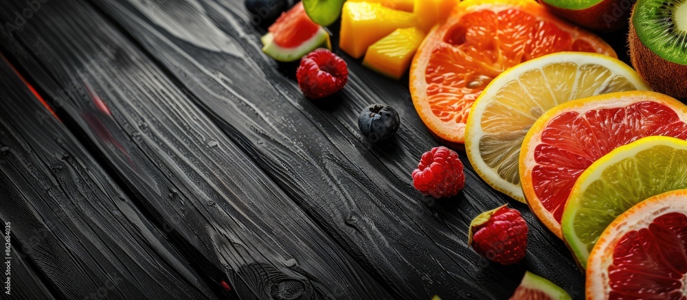 Poster variety of sliced fruits on a monochrome wooden surface with copy space image, creating a summer-the
